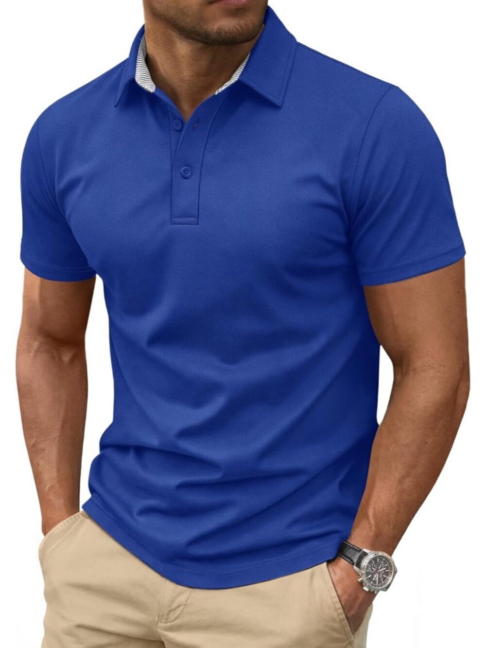 Men's Color Blue Cotton Pique Polo Shirt Short Sleeve 3 Button Classic Fit Golf